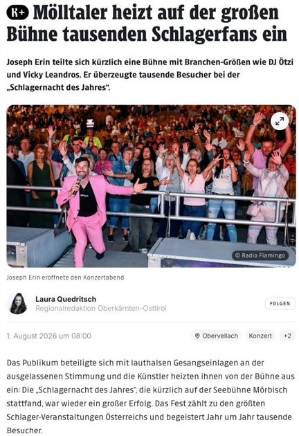 Joseph Erin im pinken Anzug eröffnet Konzert vor jubelndem Publikum in Obervellach